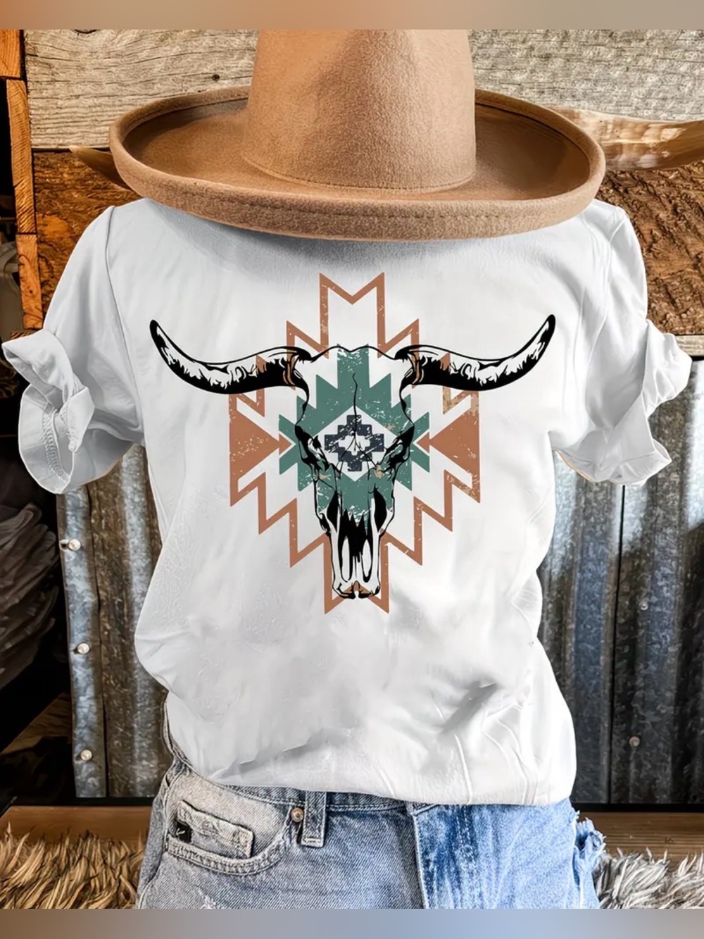 Western Bull Skull Tee - White with Teal & Rust Southwestern Western T-shirt